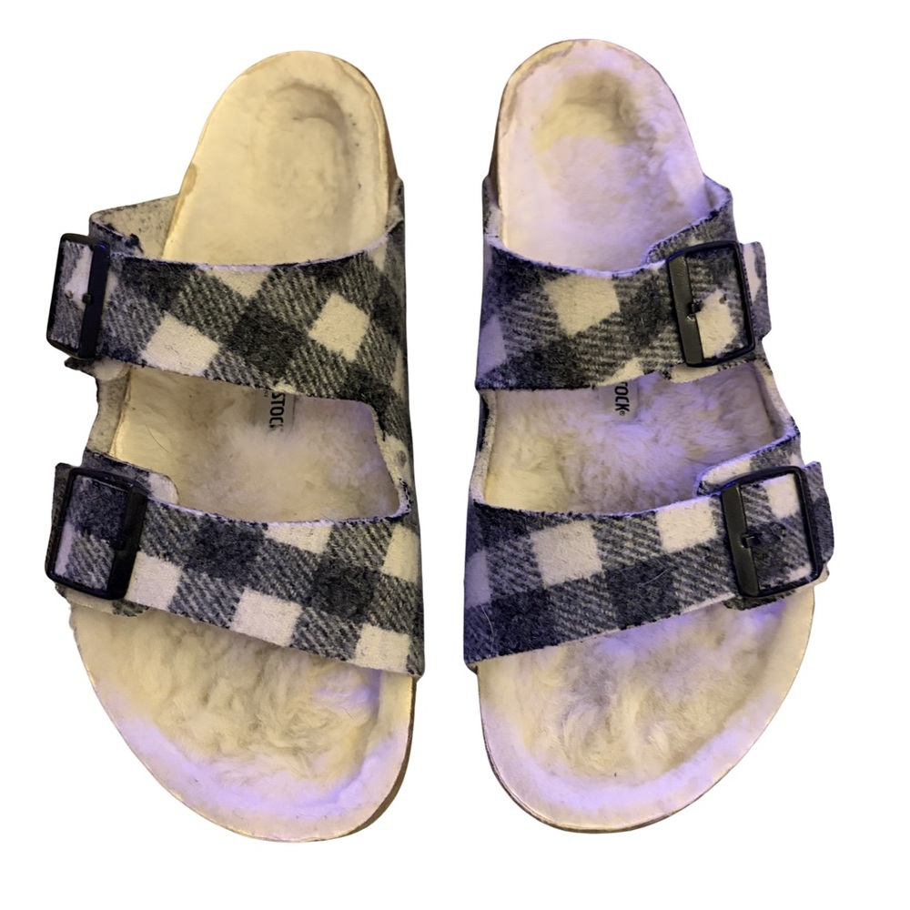 Birkenstock Mens Plaid Faux Fur Lined Buckle Sandals Black White EU 42 US‎ 9